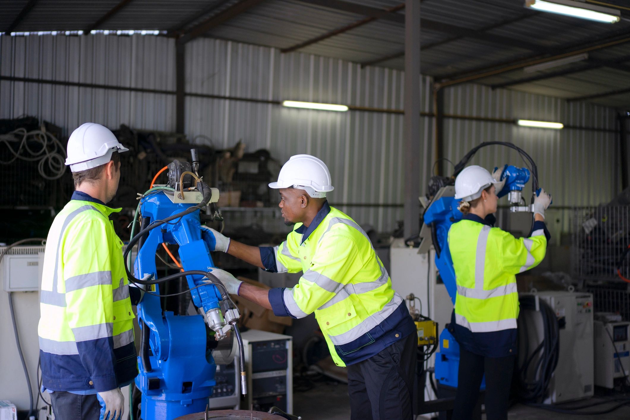 Engineer working with robotic arm factory automation systems